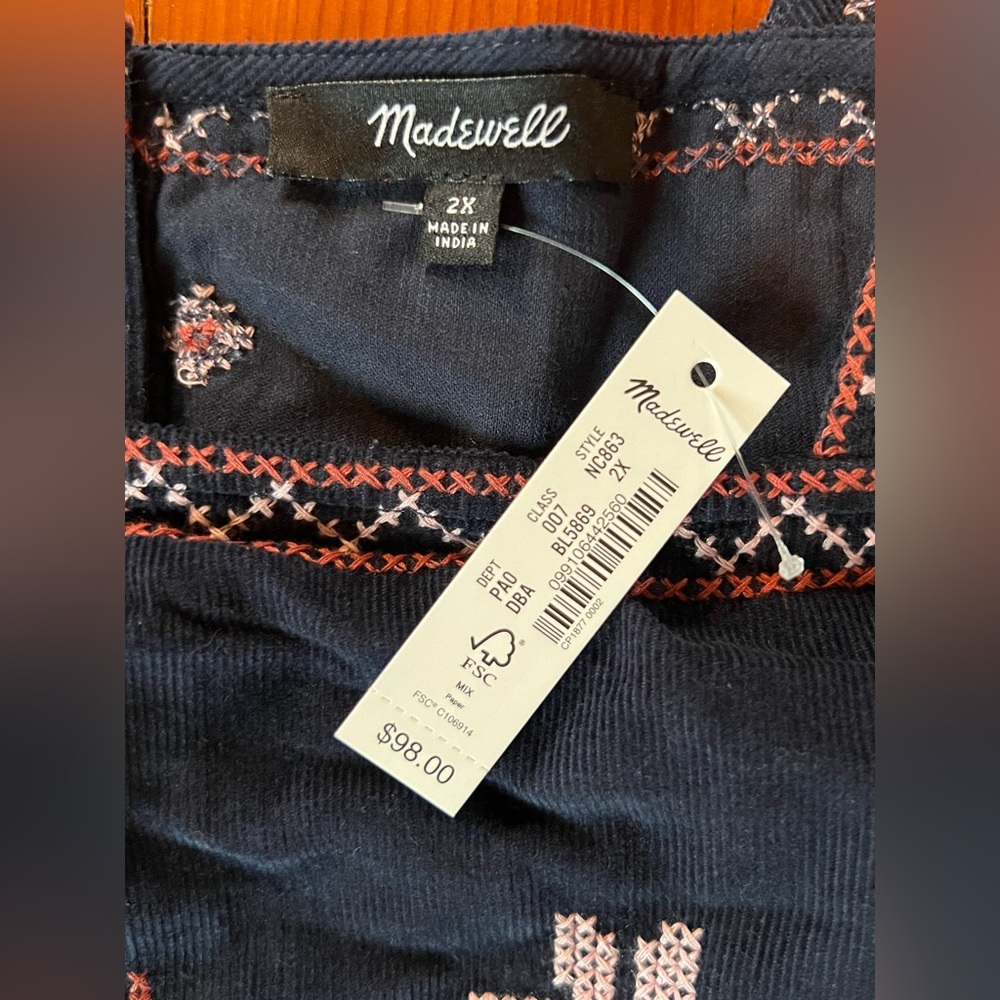 NWT Madewell Navy Blue Embroidered Plus Corduroy Button-Back Peplum Top 2X - Picture 7 of 8